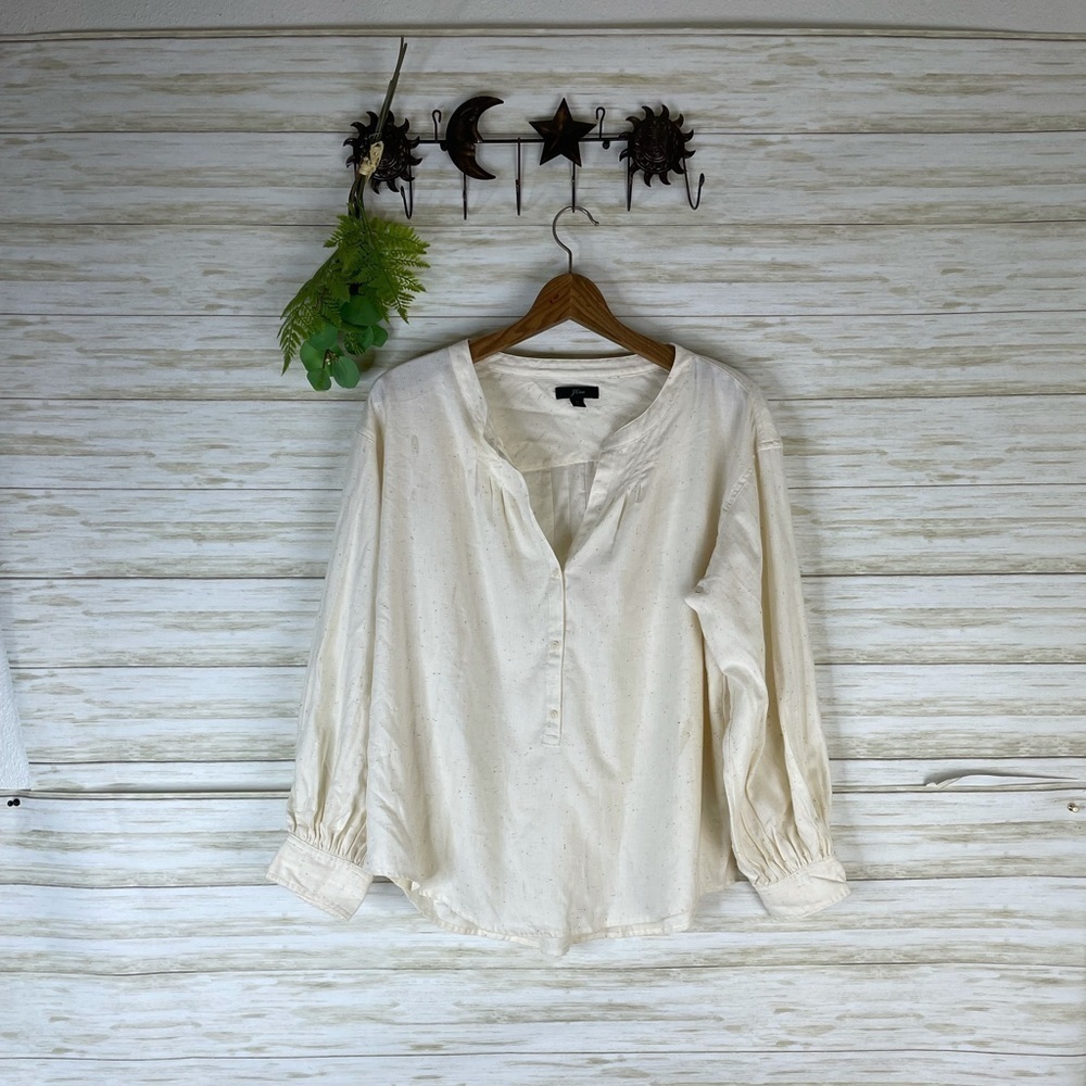 J. Crew Ivory Speckled Splitneck Peasant Puff Sleeve donegal flannel Blouse